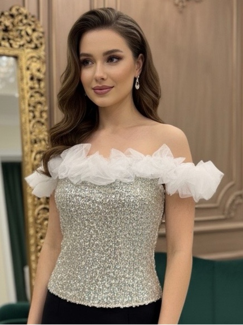 White hand beaded off the shoulder stretch top with ruffle rosette chiffon trim